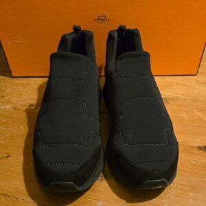 Hermes Black Leather Neoprene Slip On Sneakers